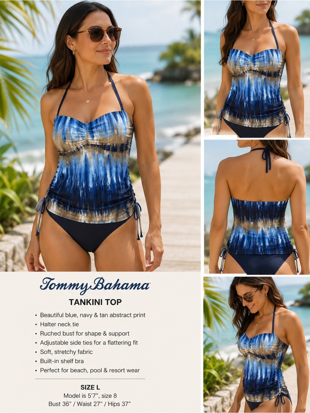 Tommy Bahama Blue Abstract Halter Tankini Top Size L Ruched Side Swimwear - Picture 1 of 8